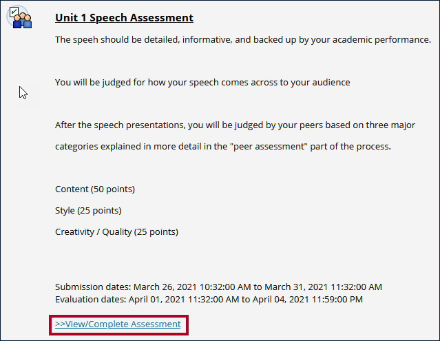 Screenshot of the assessment area with the View/Complete Assessment link highlighted.