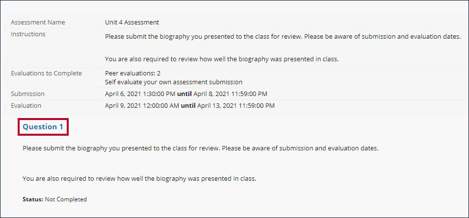 Screenshot of the Evaluations to Complete page with a link to Question 1 highlighted.