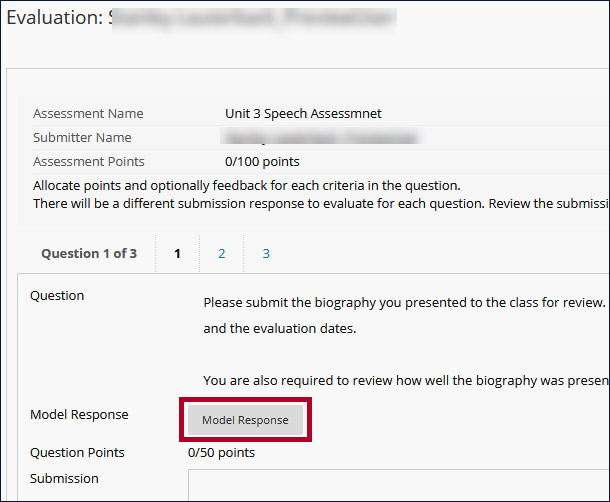 Screenshot of the evaluation page with the Model Response button highlighted.