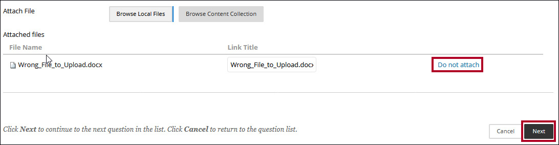 Screenshot of the assessment response area with the Do not attach link and Next button highlighted.