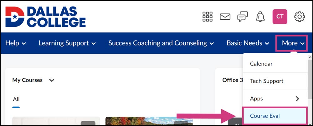 eCampus homepage with More highlighted and an arrow pointing to the Course Eval link.]