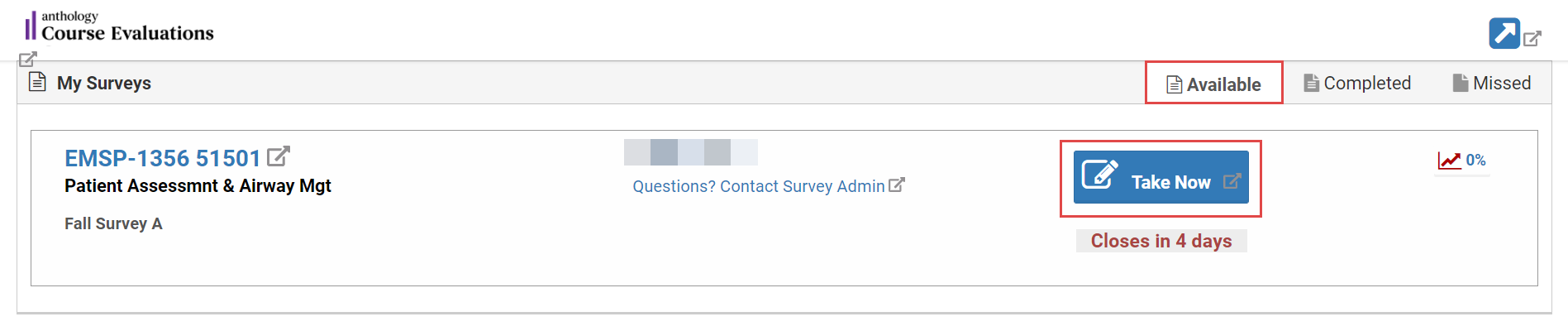 Screenshot of My Surveys list with the Available tab and Take Now button highlighted.
