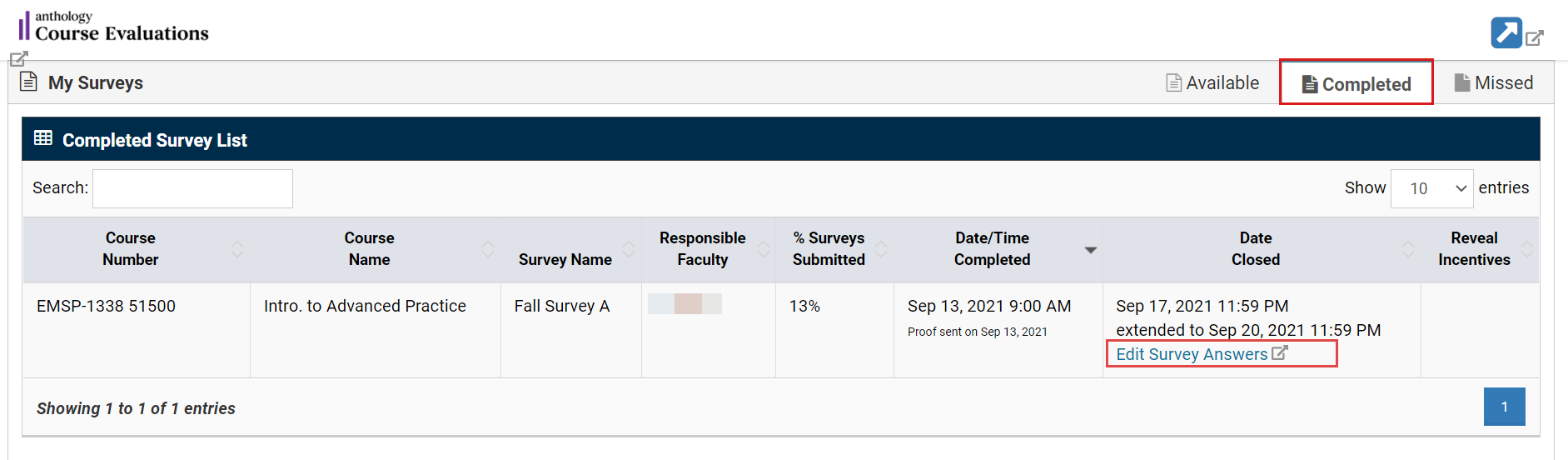 Screenshot of My Surveys list with Completed tab and Edit Survey Answers link highlighted.
