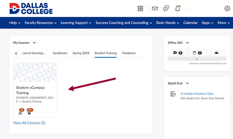 Image highlighting the Student eCampus Training block in Brightspace