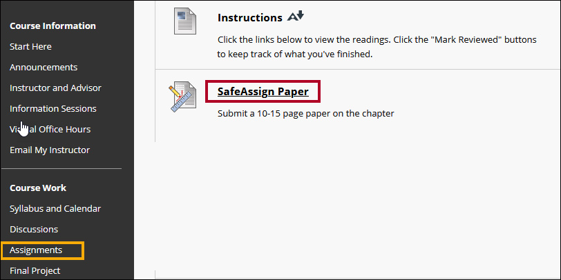 Screenshot of eCampus with the Assignments menu item highlighted as well as the assignment, SafeAssign Paper.