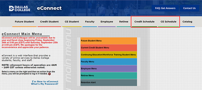 Screenshot of the eConnect main menu with the Credit Schedule and CE Schedule links highlighted.