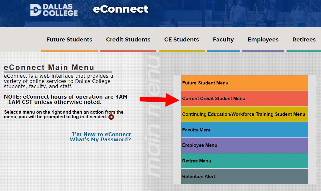 Screenshot of the eConnect home page with the Current Credit Student Menu highlighted.