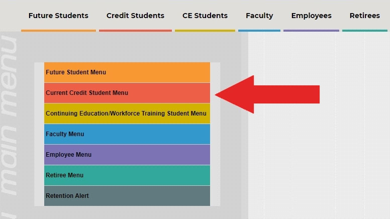 Screenshot of the eConnect home page with arrow pointed at Current Credit Student Menu.