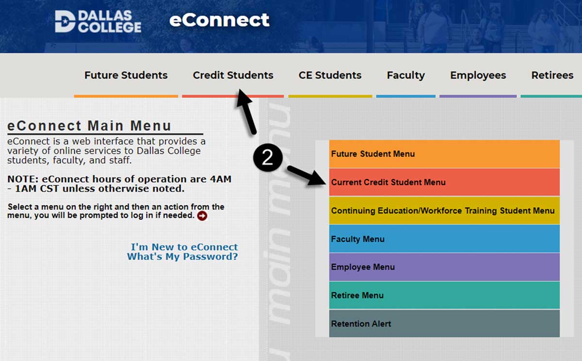 Screenshot of the eConnect home page with Current Credit Student Menu highlighted.