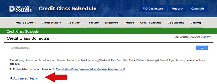 Screenshot of the Credit Class Schedule page with an arrow pointing to Advanced Search.