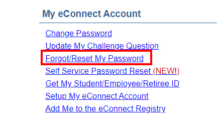 Screenshot of My eConnect Account section of the credit student menu with the Forgot/Reset My Password highlighted.