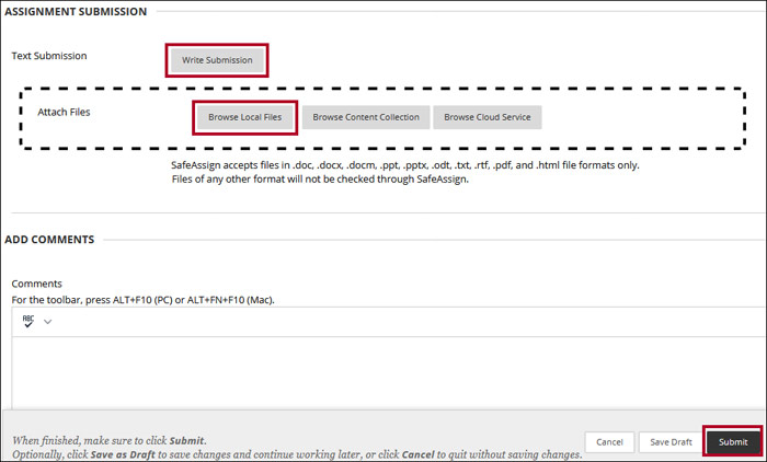 Screenshot of Assignment Submission area with Write Submission, Browse Local Files and Submit highlighted.