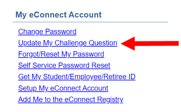 Screenshot of the eConnect Current Credit Students Menu with Update My Challenge Question highlighted.