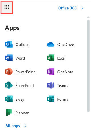 Screenshot of the Office 365 Apps launcher window with a list of apps.