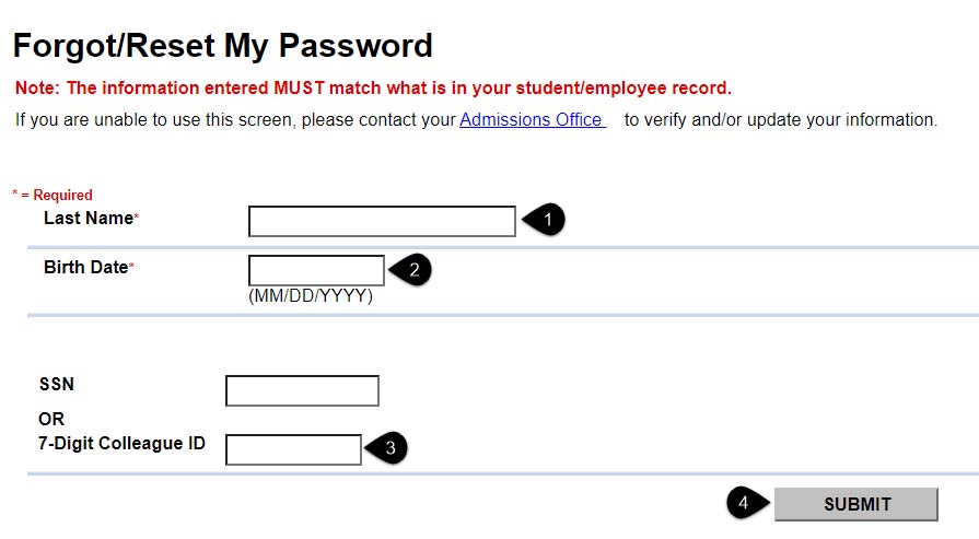 Screenshot of the Forgot/Reset My Password screen with the Last Name, Birth Date, Student ID and Submit highlighted.