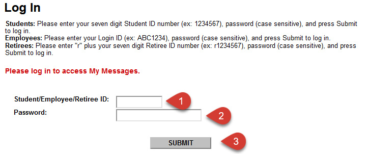 Screenshot of Log In screen displayed with numbered steps: 1. Student ID 2. Password 3. Submit button.