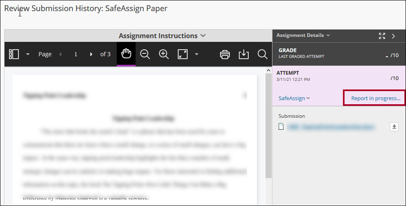 Screenshot of Review Submission History page with Report in progress highlighted.