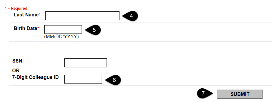 Screenshot of the Setup My eConnect Account page with Last Name, Birth Date, ID Number and Submit highlighted.