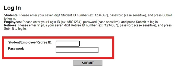 Screenshot of the eConnect Log In page with the ID and password fields highlighted.