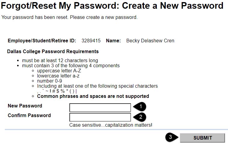 Screenshot of the Forgot/Reset My Password: Create a New Password window with the New Password, Confirm Password and Submit highlighted.