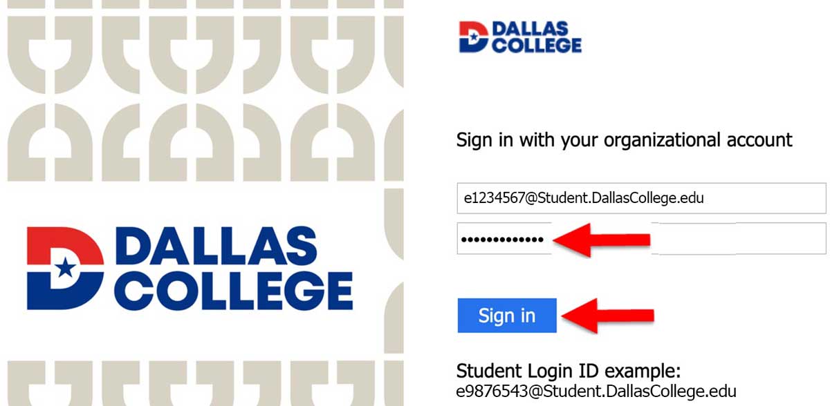 Screenshot of Dallas College organizational account Login page. The password entry field and Sign in button are highlighted.