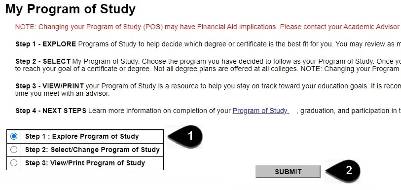 Screenshot of the My Program of Study page with steps: 1) Click the option button Step 1: Explore Program of Study and 2) Click the Submit button.