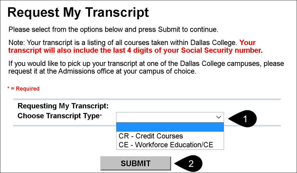 Screenshot of Request My Transcript process ordered: 1) Click the dropdown arrow to select an option and 2) Click Submit.