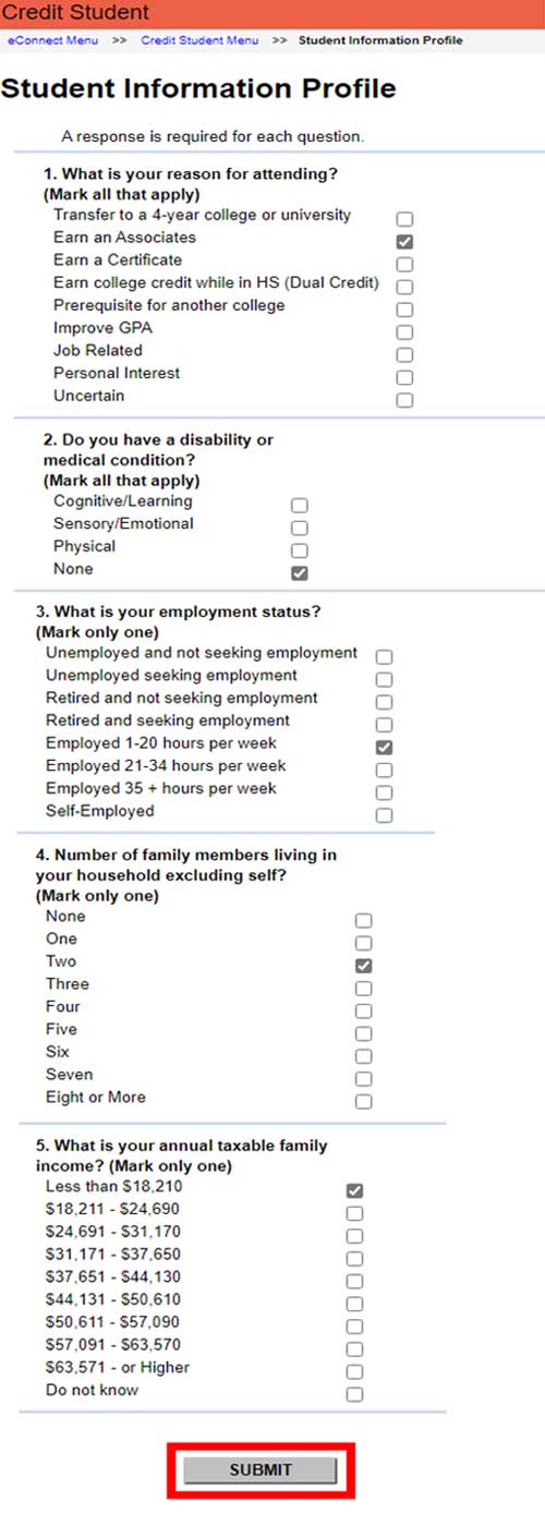 Screenshot of the student information profile page with five questions. Click the checkboxes to answer the questions then click the Submit button.