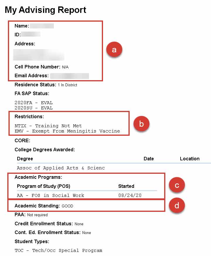 Screenshot of My Advising Report with personal information, restrictions, academic programs and academic standing sections highlighted.