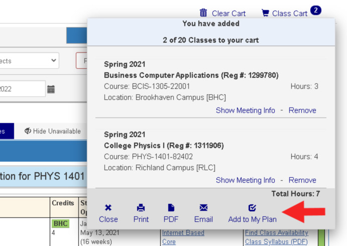 Screenshot of the cart window with Add to Plan link highlighted.
