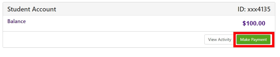 Screenshot of Student Account with Make Payment highlighted.