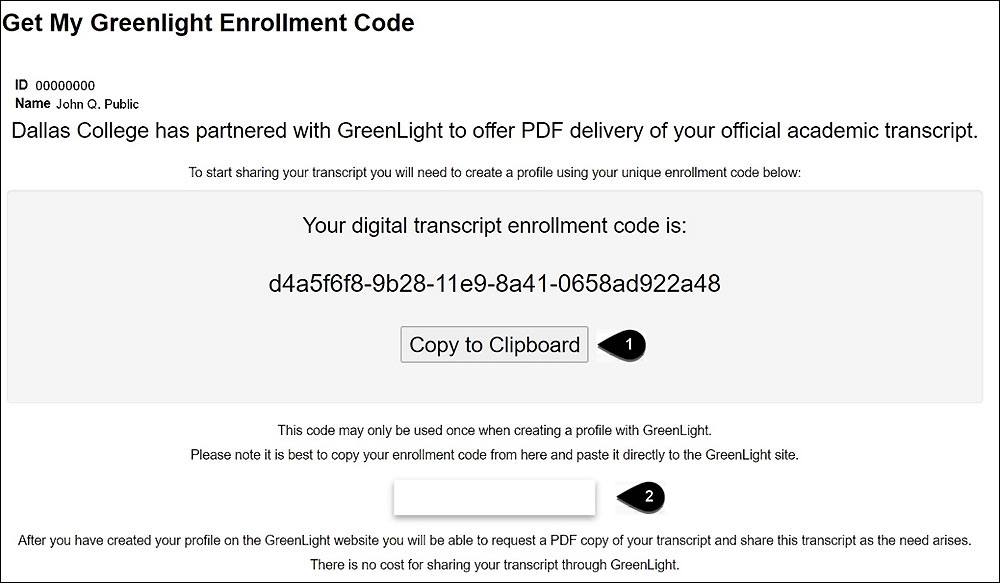 Screenshot of Get My GreenLight Enrollment Code page with process ordered: 1) Click Copy to Clipboard and 2) Click white box.