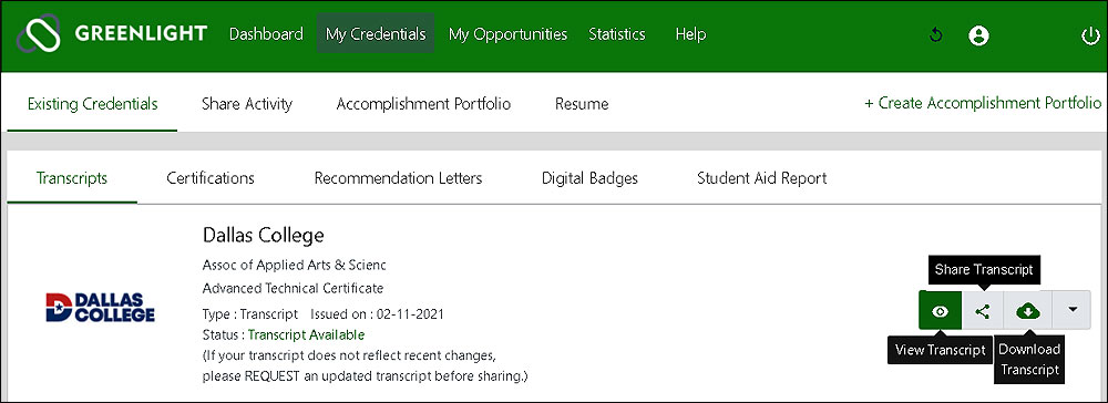 Screenshot of GreenLight Transcripts page showing a Dallas College transcript available with View Transcript, Share Transcript and Download Transcript buttons labeled.