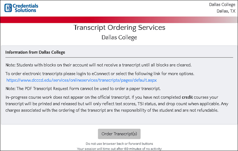 Screenshot of GreenLight Transcripts page showing a Dallas College transcript available with View Transcript, Share Transcript and Download Transcript buttons labeled.