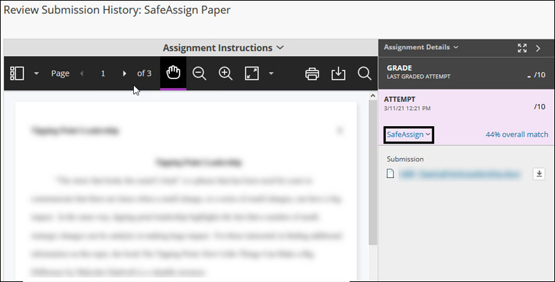Screenshot of eCampus with the Assignments menu item highlighted as well as the assignment, SafeAssign Paper.
