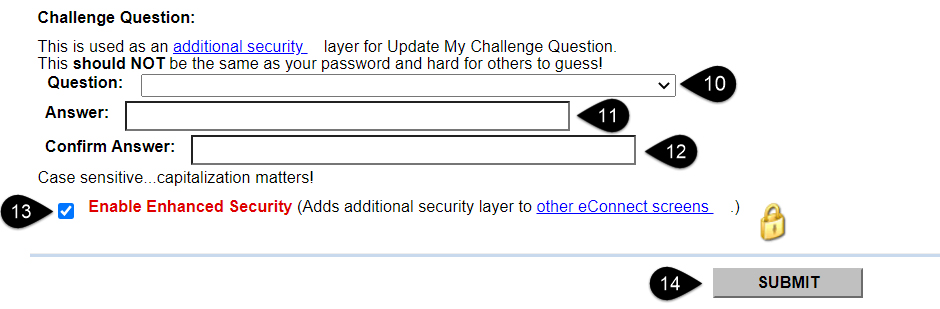 Screenshot of Challenge Question. Question, Answer, Confirm Answer, Enable Enhanced Security and Submit fields are highlighted.