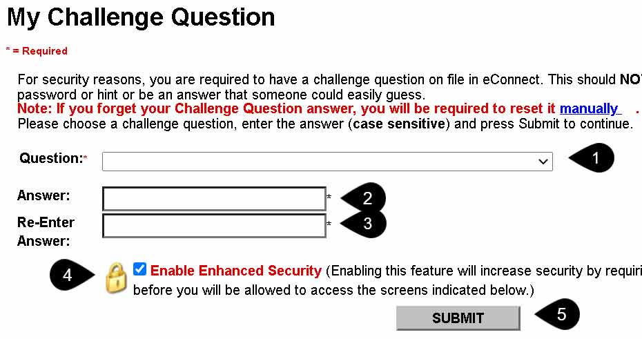 screenshot of my challenge question with the sorted process: 1) Type an answer in the question field. 2) Type your answer in the answer field. 3) Type an answer in the field of re-enter answer. 4) Click Submit.