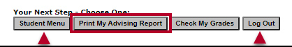 Screenshot of My Advising Report menu with the Print My Advising Report button highlighted and arrows pointing to Student Menu and Log Out buttons.