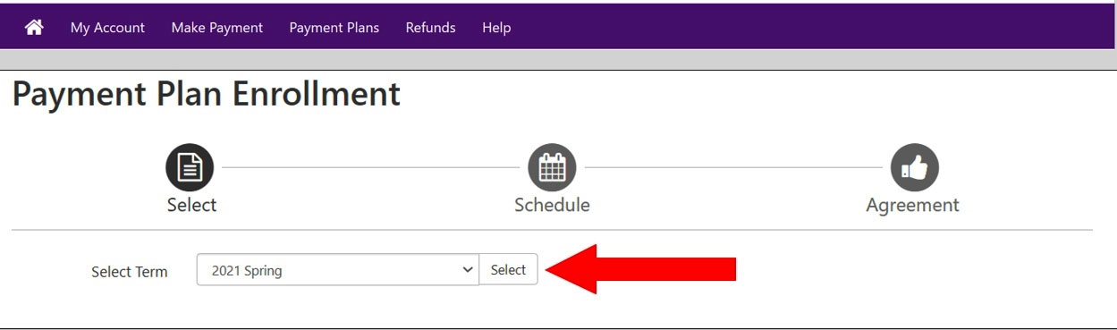 Screenshot of Payment Plan Enrollment with Select Term highlighted.