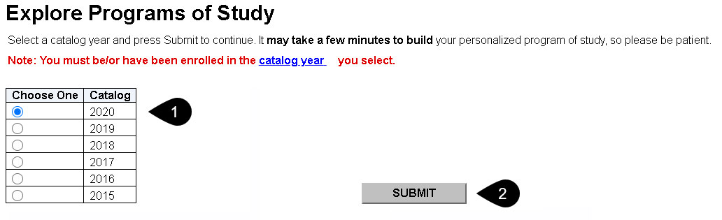 Screenshot of the Explore Program of Study page with steps: 1) Click on the option button to select a catalog year and 2) Click the Submit button.