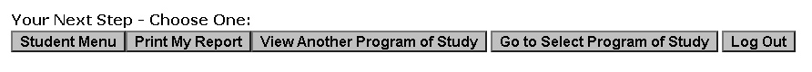 Screenshot of the menu at the bottom of the Results page: Your Next Step – Choose One button: Student Menu, Print My Report, View Another Program of Study, Go to Select Program of Study and Log out.].