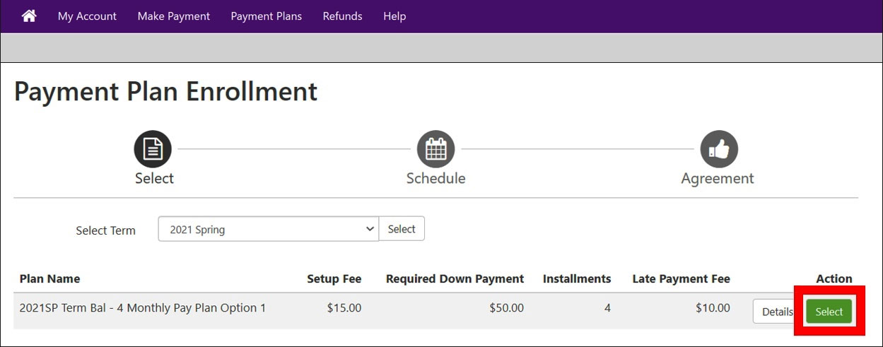 Screenshot of Payment Plan Enrollment with Select button highlighted.