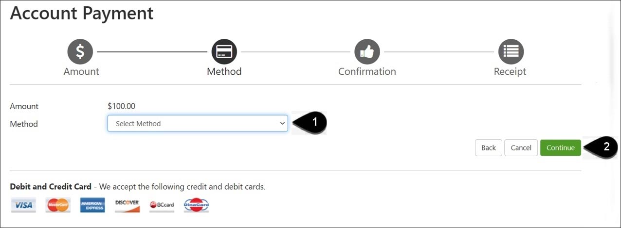 Screenshot of the process for payment: 1) Select method of payment and 2) Click Continue.