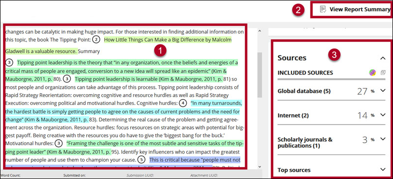 Screenshot of originality report with boxes around the three sections: 1. the submitted paper 2. report summary 3. citations.