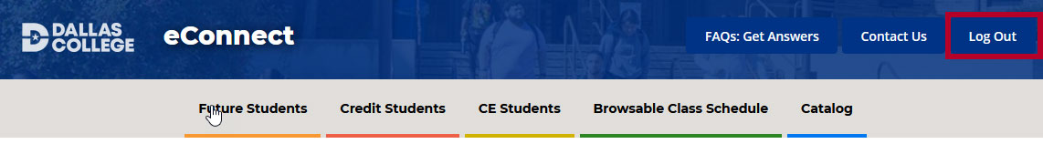 Screenshot of eConnect main page with Log Out highlighted.