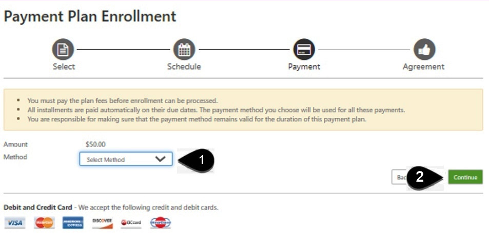 Screenshot of automatic payments plan process order: 1) Select method of payment and 2) Click Continue.