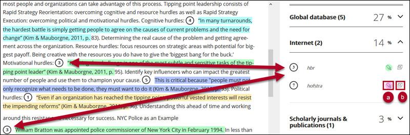 Screenshot of the report summary citation area with the internet source type open and the letter a near the Highlight match icon and the better b near the Open matching source icon.
