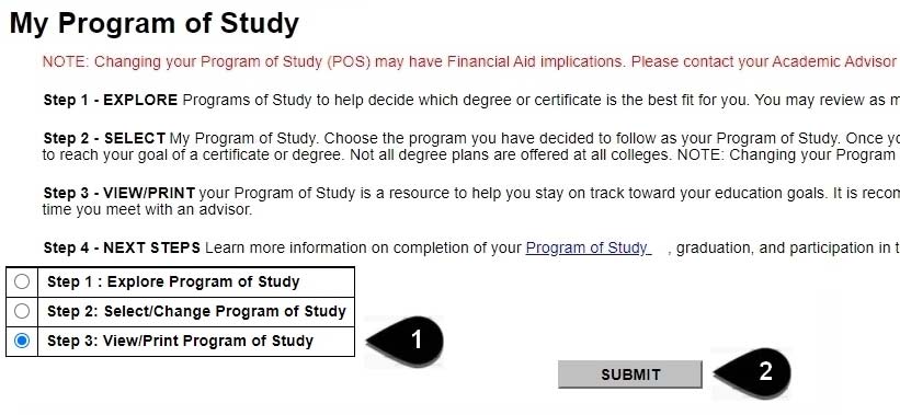 Screenshot of the My Program of Study page with steps ordered to view and print program of study: 1) Click the option button Step 3: View/Print Program of Study and 2) Click the Submit button.