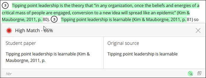 Screenshot of the submitted paper with a highlighted match expanded to show the student paper and the original source.
