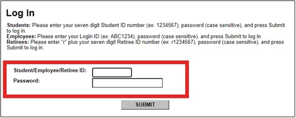 Screenshot of the eConnect Log In page with the ID and password fields highlighted.